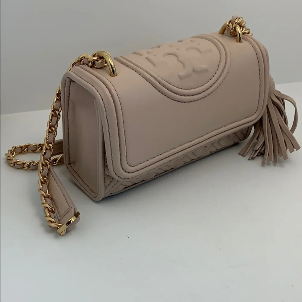 Tory Burch Leather Quilted Flap Micro Crossbody with Gold Chain and Tassel